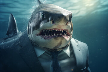 Poster - Generative ai picture of aggressive angry shark with sharp teeth in suit