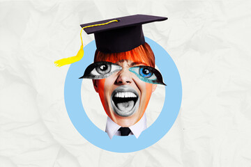 Poster - Collage placard picture of crazy young woman shouting celebrating graduation isolated on creative background