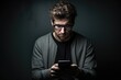 © pham - A man wearing glasses is focusedly looking at a cell phone screen, inside a room.