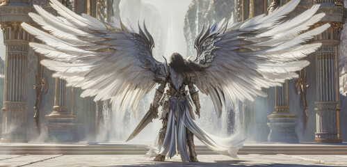 Wall Mural - An angelic warrior with steelcolored wings stands guard at the entrance of a grand palace ready to defend it from any harm.
