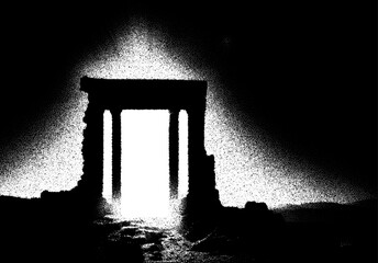 Poster - Ancient ruins in sci-fi scene with dotwork retro style. Mysterious gate debris with dramatic lights and retro texture