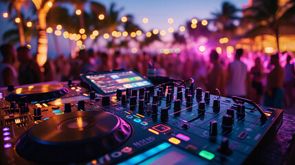 portrait of dj mixer turntable equipment at beach party, people are dancing in background