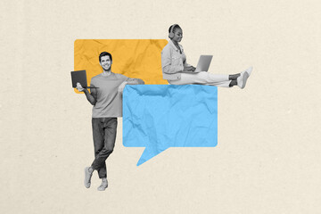 Poster - Collage creative illustration effect monochrome charm beauty young colleagues teamwork distance write empty textbox white background