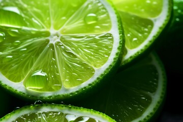 Macro texture of fresh ripe lime slices with water drops