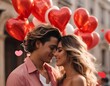A couple radiates joy on Valentine's Day, dancing with heart balloons, their lively poses and wind-tossed hair embodying the spirit of love.
