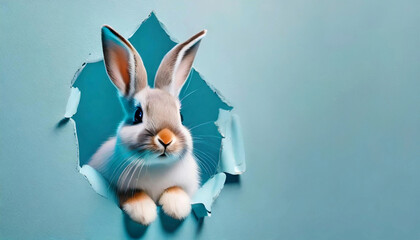Wall Mural - Bunny peeking out of a hole in blue wall, fluffy eared bunny easter bunny banner, rabbit jump out torn hole