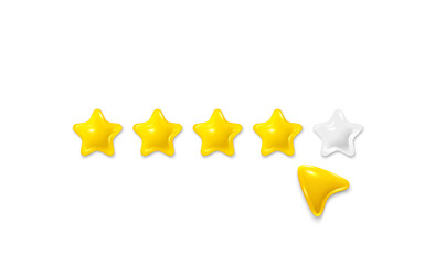 Five stars review with 3d mouse cursor. Customer rating feedback concept from the client. Realistic 3d star rate design. Five stars feedback. For mobile applications. Vector illustration