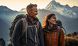 Couple hiker traveling, walking in Himalayas under sunset light.