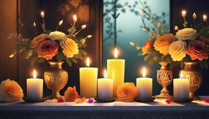 Poster - night scene with flowers and candles 