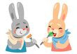 Cute rabbits eat vegetarian food, carrots and Brussels sprouts with a fork with great appetite