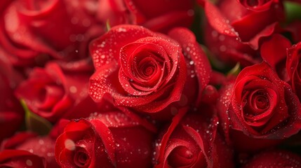 Wall Mural - A close-up of a lush, vibrant bouquet of red roses with dew drops background