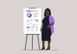 An elegantly dressed plus-size woman, adorned in a vibrant cardigan, a simple black dress, and wedge shoes, stands next to a flip board, confidently presenting a business report