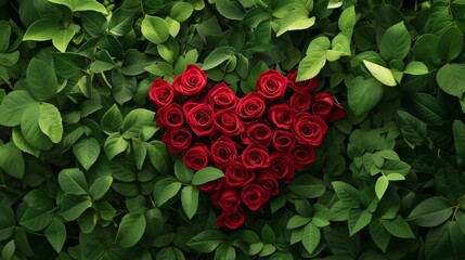 Poster - An eco-friendly, green concept of a heart made from red roses with a background of lush green leaves