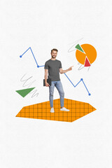 Poster - Vertical poster creative collage young standing cheerful businessman showing positive graphics progress earning successful strategy white background