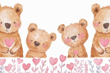Wall Mural - Cute teddy bears with plants with hearts growing for valentine's day Generative AI