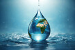 World in a drop of clean water and fresh blue water ripple design, environmental protection and ecology theme concept.