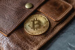 Brown leather crypto curreency wallet with a bitcoin gold coin. Digital finance concept