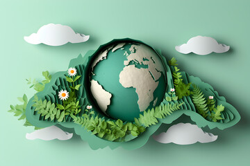 The earth day concept - the earth ball with plants and florals, in style of paper cutout art, top view