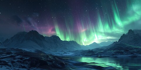 generative ai, green and pink northern lights above snowy mountains, winter landscape, aurora and re