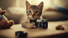 Cat Playing With Camera A Playful Kitten With A Whimsical Expression, Taking Photos With A Vintage Camera,  