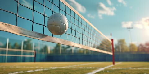 Wall Mural - Close-up of volleyball on net under clear blue sky. sports game moment captured. summer activity theme. AI