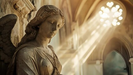Wall Mural - In a dimly lit castle chamber a solemnlooking angel statue stands guard its stone face bearing a sorrowful expression.