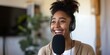 © Irina Ukrainets - Young woman enjoying podcast recording in home studio. casual style, happy expression. creative content creation. AI