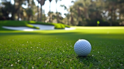 Wall Mural - Close-up of a golf ball on the green with the pin and sand trap in the background