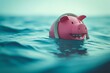 Pink piggy bank in a buoy trying to protect his savings from a shark attack - Concept of investment failure, financial risk, debt problem, bankruptcy, economy