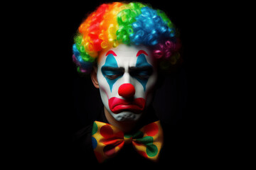 Wall Mural - Portrait of a sad colorful clown isolated on solid black background. ai generative