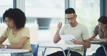 Aufkleber - Man, assessment and confused for question in classroom, exam and university student studying. School, education and why at college, people learning and knowledge or information on test and report