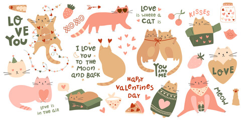 Valentines Day cat set. Funny cats wear sweater, hearts, kitty in the box. Romantic pink and beige isolated elements. Vector holiday collection of inscriptions and lettering for 14 February, cute pets