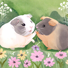 two guinea pig on the grass by watercolor