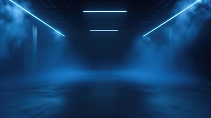 A dark empty street, dark blue background, an empty dark scene, neon light, spotlights The asphalt floor and studio room with smoke float up the interior texture. night view, generative ai