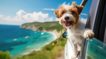 Dog travel by car, enjoying road trip, Happy dog with head out of the car window having fun, generative ai