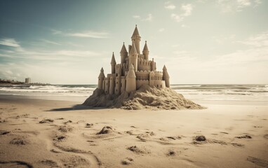 Wall Mural - sand castle with ocean background 