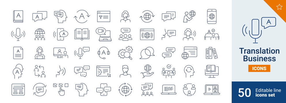 Translation icons Pixel perfect. Speak, message, world, ....