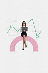 Poster - Creative vertical poster collage sitting young business lady browsing internet laptop showing progress results charts graphic