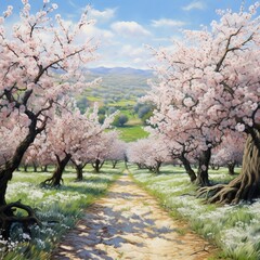 Wall Mural - A serene apricot orchard in full blossom, with fragrant white flowers covering the trees and the promise of a fruitful harvest.