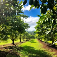 Wall Mural - A serene avocado orchard, with lush green trees bearing creamy avocados and a clear sky providing the perfect backdrop.
