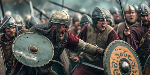 Anglo Saxon soldiers fighting in battle	