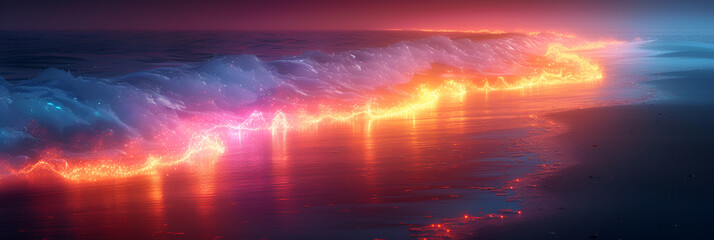 Wall Mural - Neon light-trails beach landscape serene and calm isolated on black background Created with generative AI.