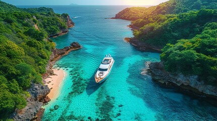 Wall Mural - Beautiful drone photo of Caribbean island with white beach and yacht
