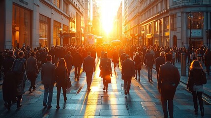 Wall Mural - Dynamic city environment with people silhouettes are walking among tall buildings at dusk.