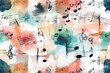 Colorful watercolor illustration of musical notes. Music school wallpaper. 