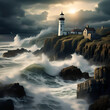 A tranquil coastal village during a storm, with waves crashing against the rocks and a lighthouse guiding ships through the turbulent waters.