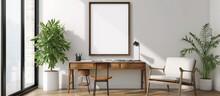 Modern Minimalist A Mockup Blank Frame In Wall Workplace Home Interior Design. Generated AI Image
