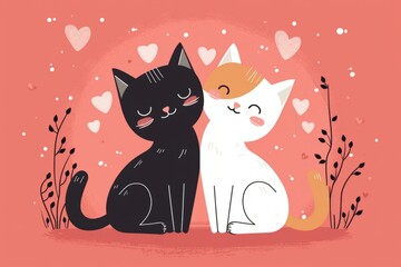 Wall Mural - Cute cats in love surrounded by hearts on pink background Generative AI