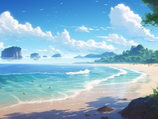 Wall Mural - A sun-kissed beach with golden sand, azure waters, and a clear sky, inviting a peaceful day by the sea.