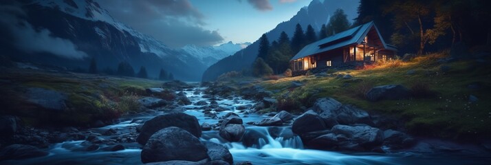 Canvas Print - Old romantic illuminated wooden cabin in the mountains by a wild stream torrent at dusk